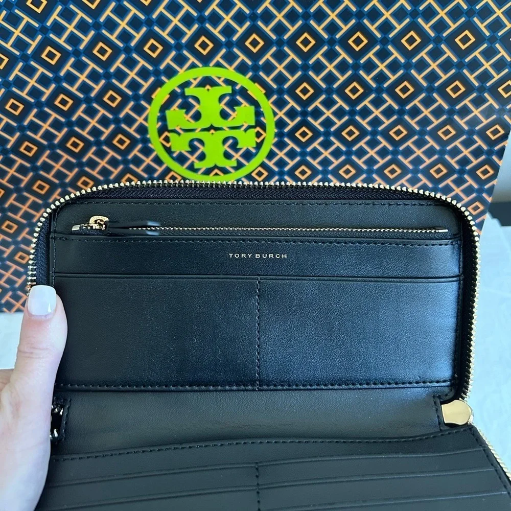 Tory Burch Emerson Canvas Zip Continental Wallet Multi Leather Black Tan Gold
